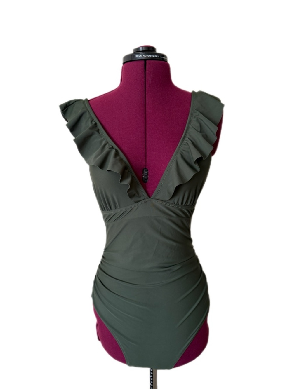 Sweet swim staple ruffled V-Neck Women Bathing Suit  in Olive Green - Size M
